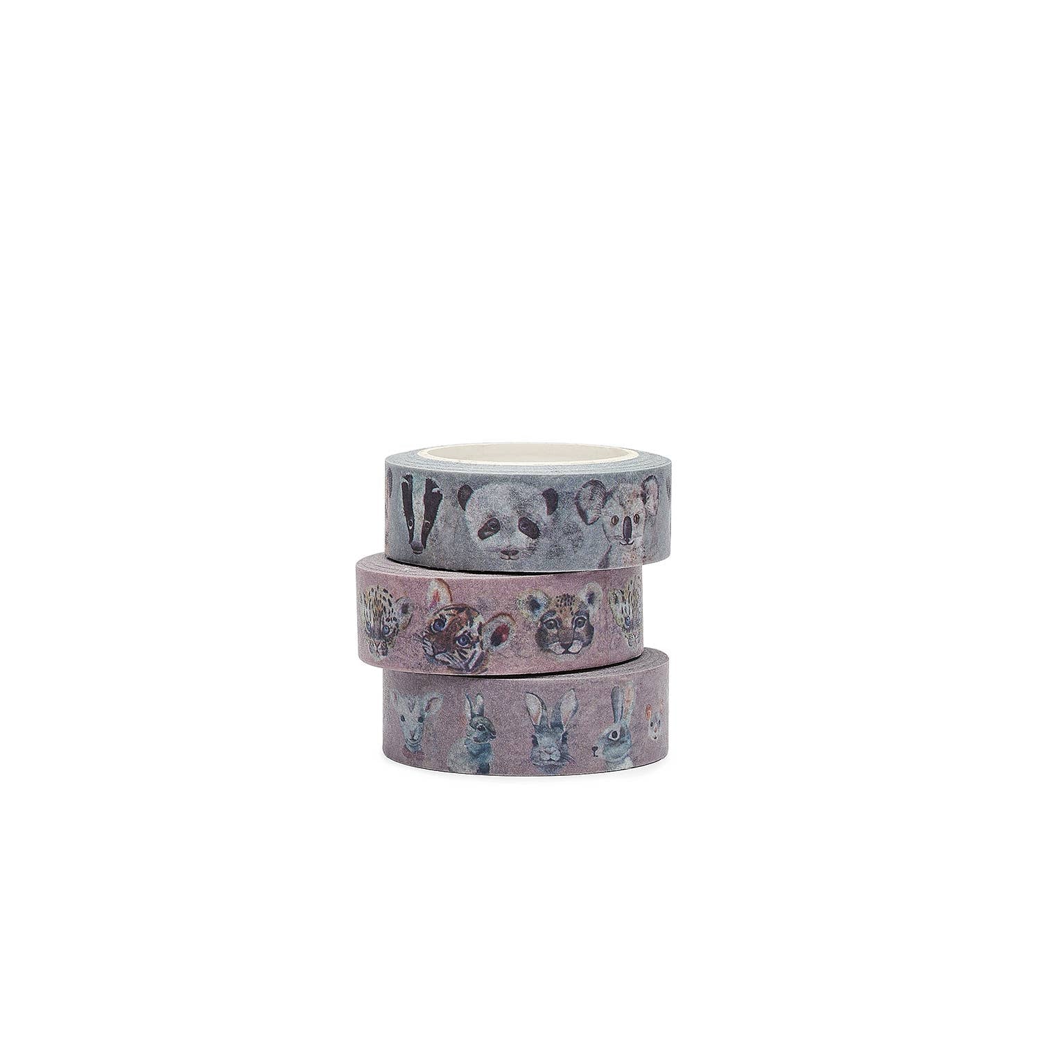Three rolls of decorative tape with beary, tiger and rabbit animal prints on a white background