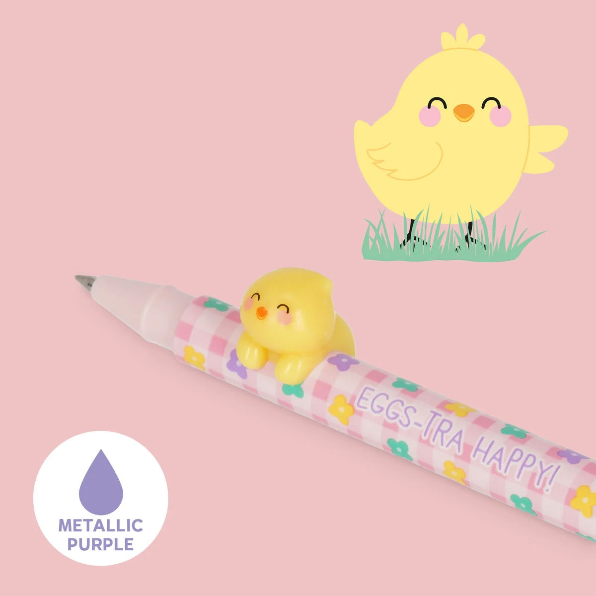 Pen with chick design and 'EGGS-tra Happy!' text on a pink background