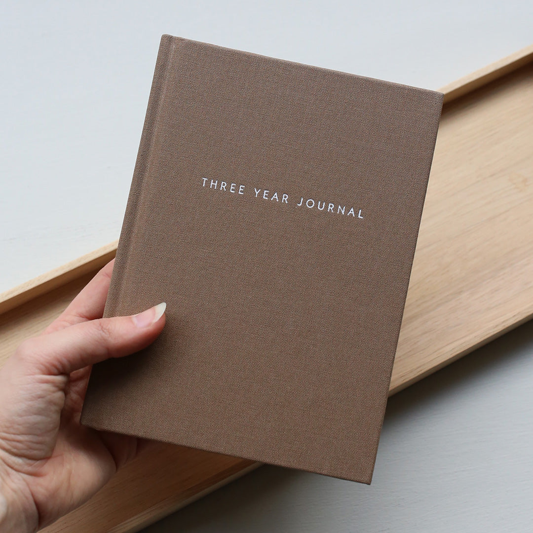 Brown journal titled 'Three Year Journal' held by a hand on a light gray background