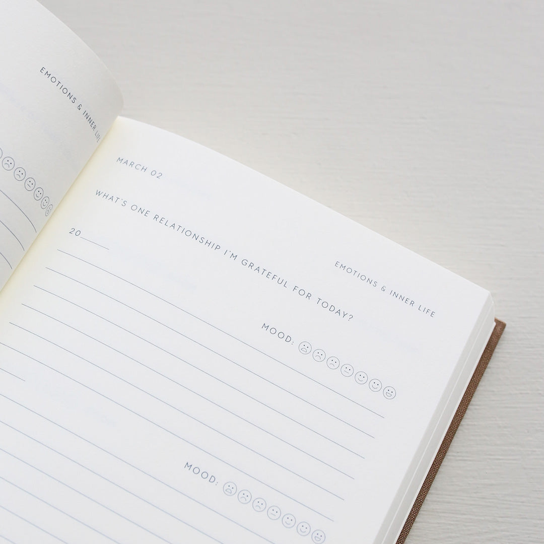 Open page of the Three Year Journal with text prompts on a light background