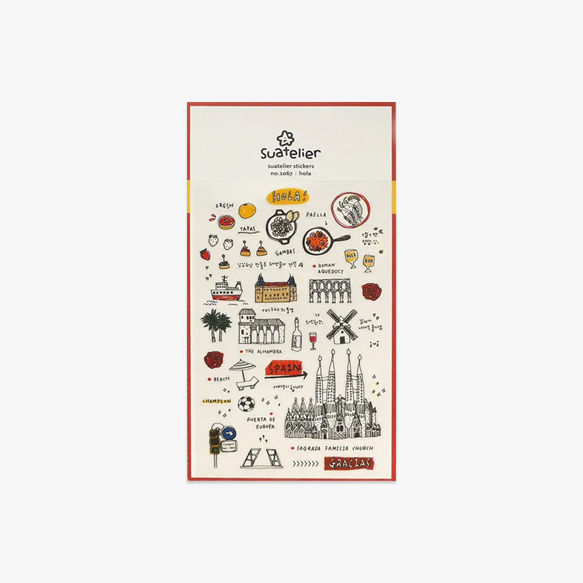 Packaging of Suatelier stickers with spanish illustrations on a white background