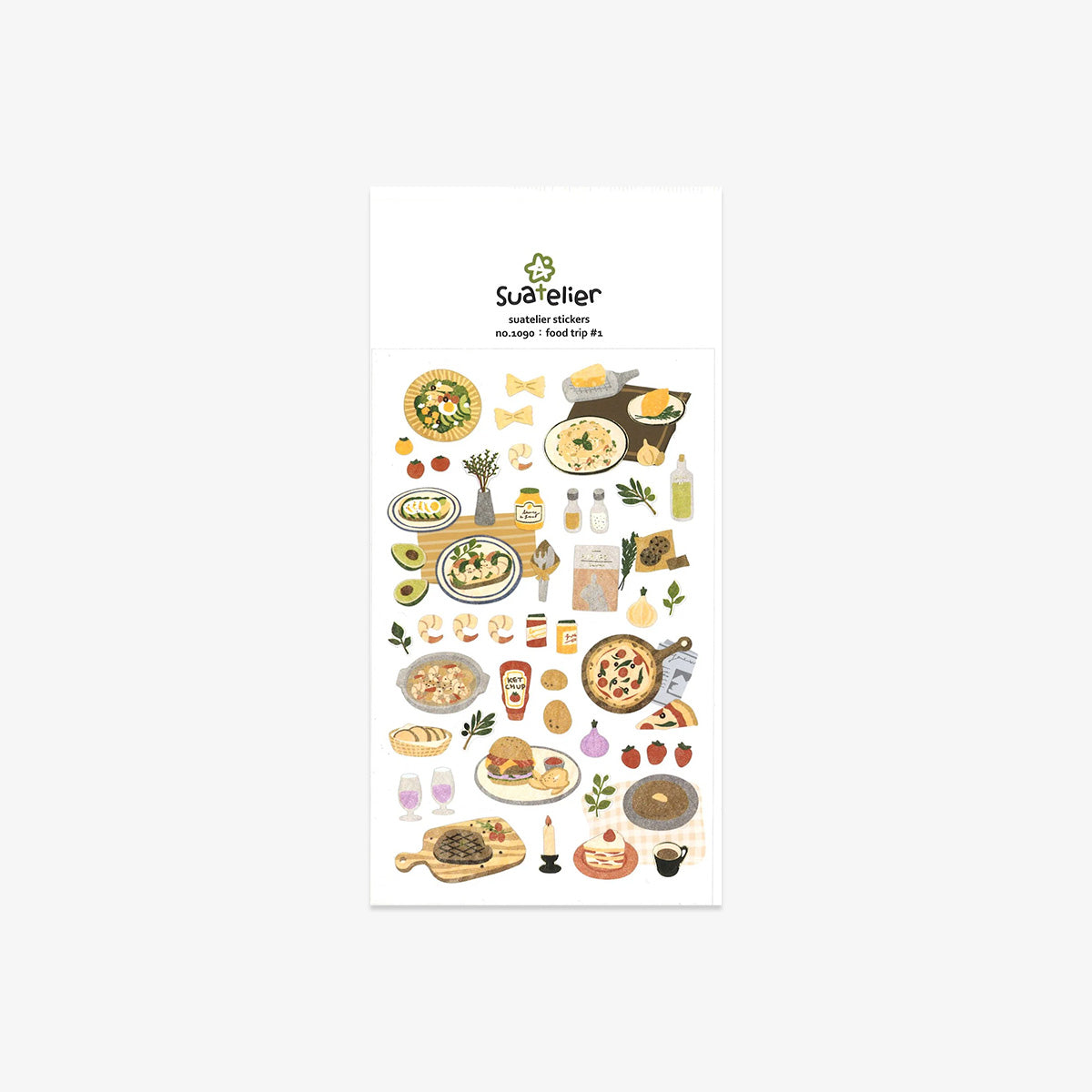 Sheet of food-themed stickers with Suatelier branding on a white background