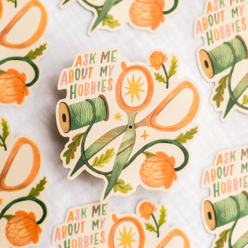 Sticker set with a 'Ask Me About My Hobbies' text on a light background.