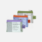 Set of three small mesh pouches with different color zippers on a white background