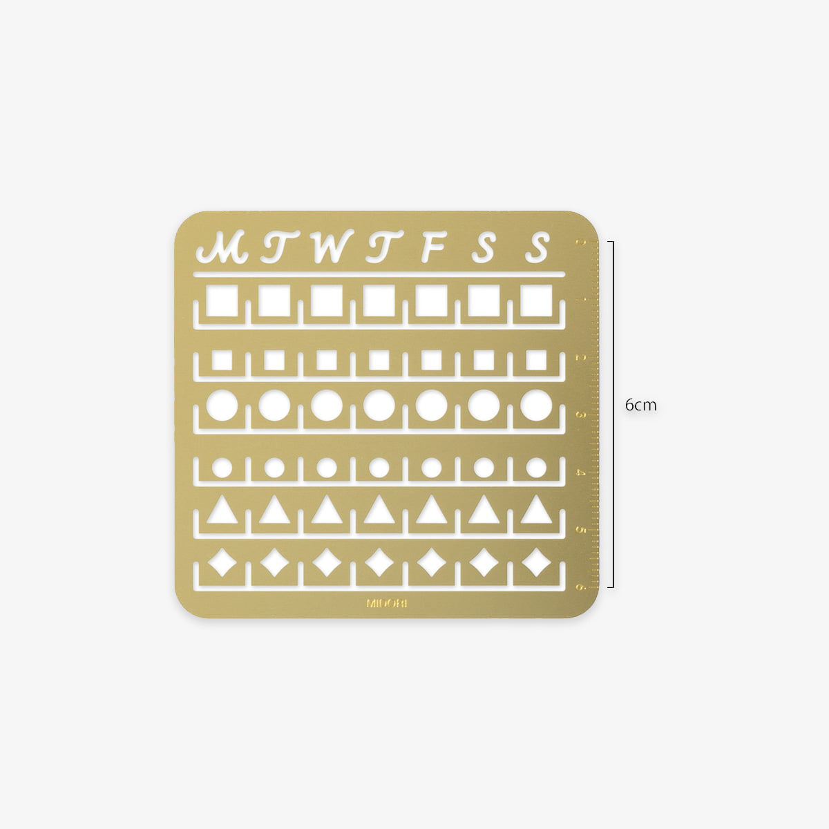 Gold stencil with days of the week and geometric shapes on a white background