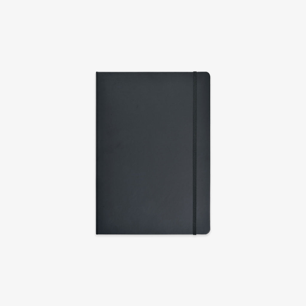 A minimalist black hardcover notebook with an elastic closure band, shown flat against a light gray background.