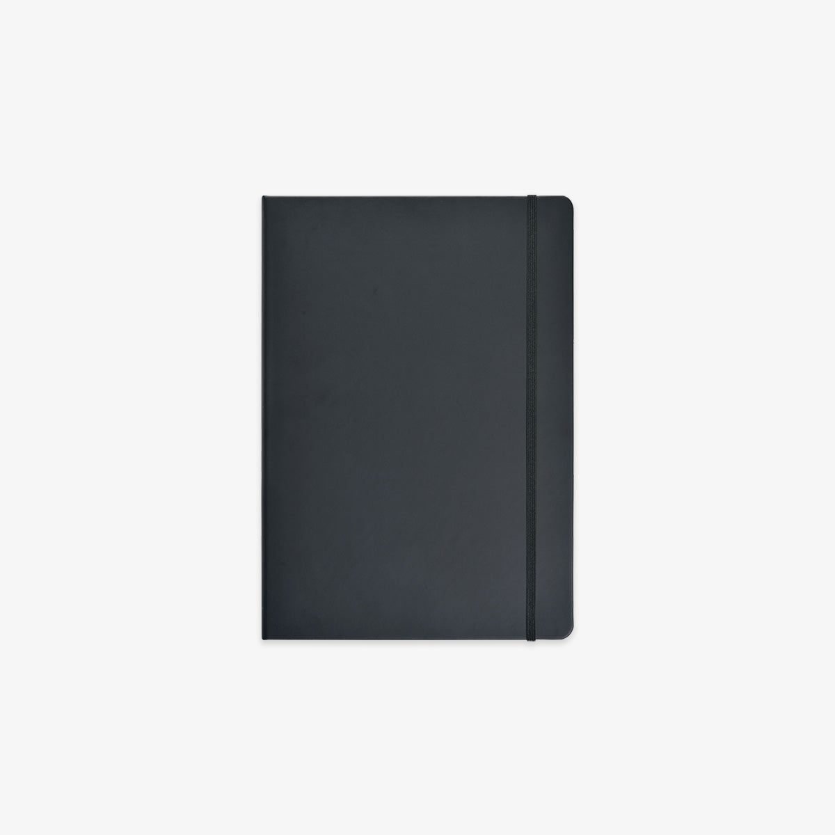 A minimalist black hardcover notebook with an elastic closure band, shown flat against a light gray background.