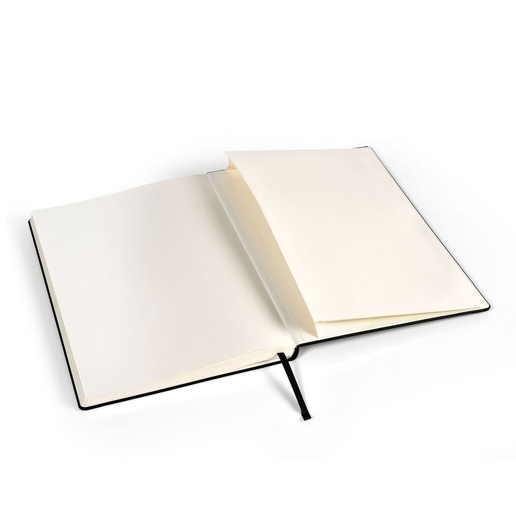 An open hardcover notebook with blank cream-colored page, and a expandable inner pocket shown on a solid white background.