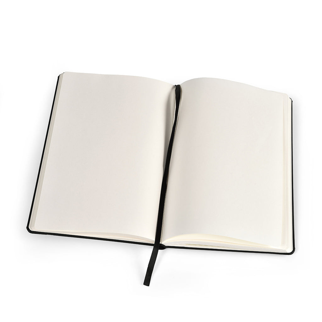 An open hardcover notebook with blank off-white pages and a black elastic bookmark ribbon, photographed on a clean white background.
