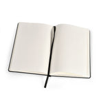 An open hardcover notebook with blank off-white pages and a black elastic bookmark ribbon, photographed on a clean white background.