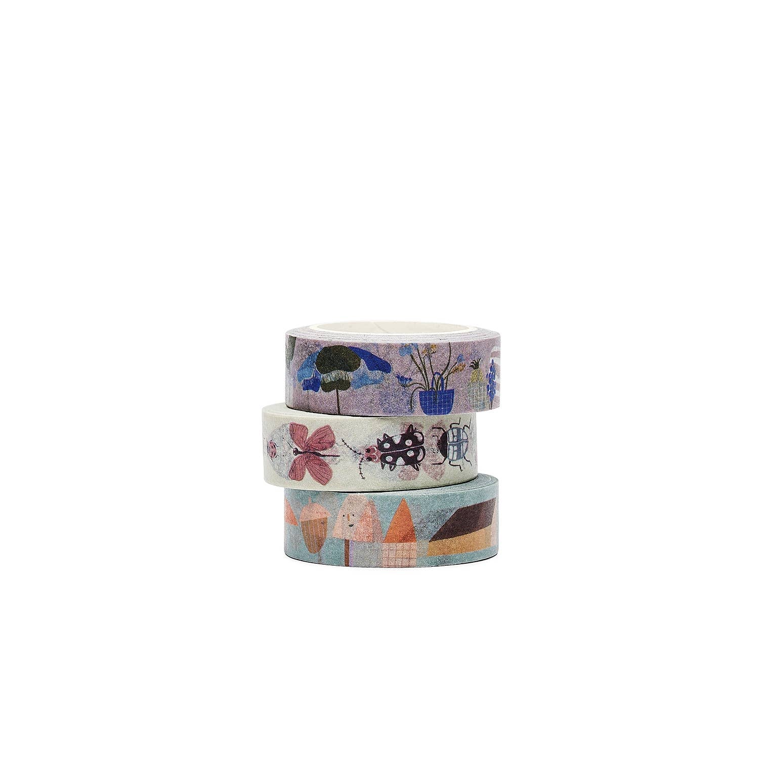Three rolls of decorative tape with various patterns on a white background