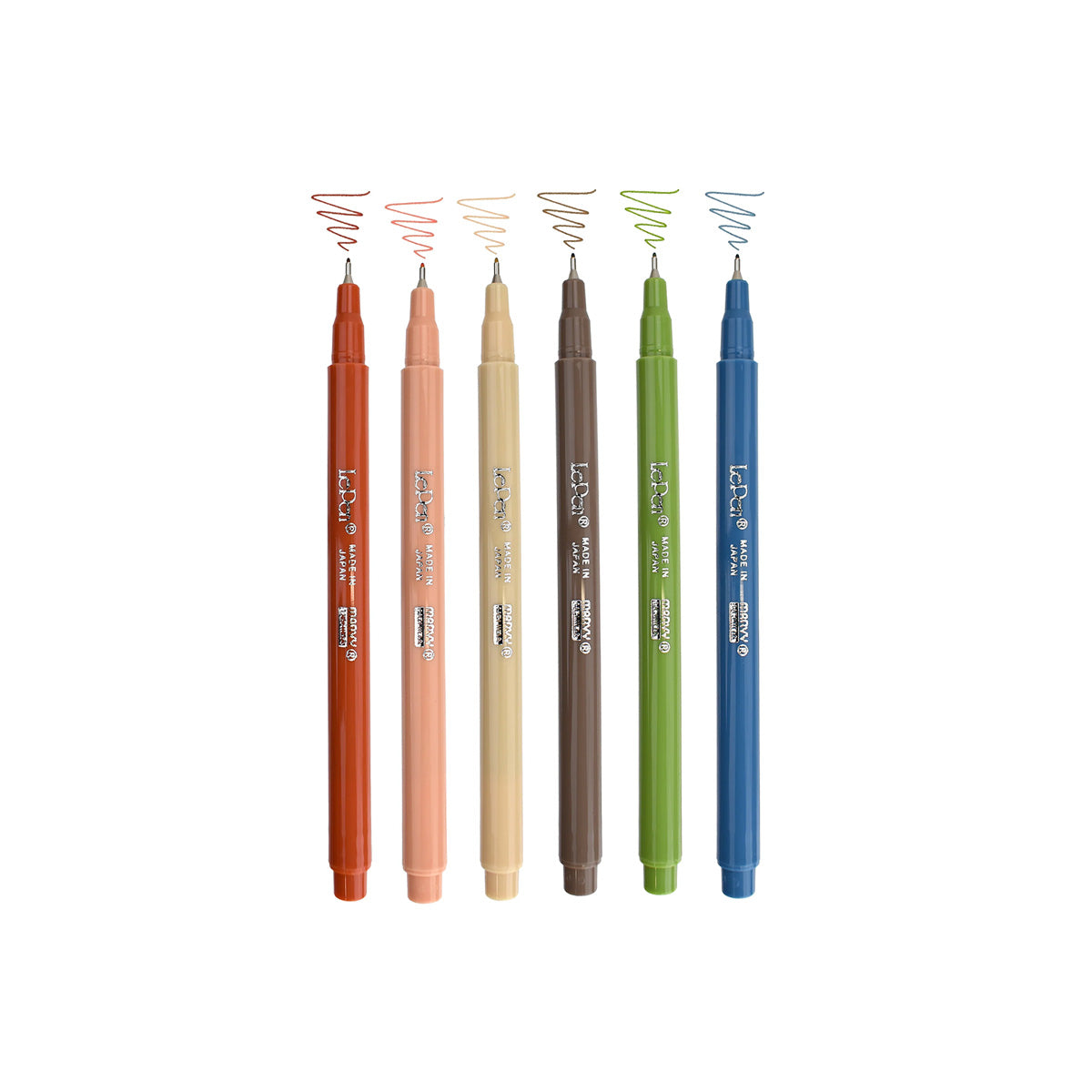 Set of five Le Pen colored fineliners on a white background