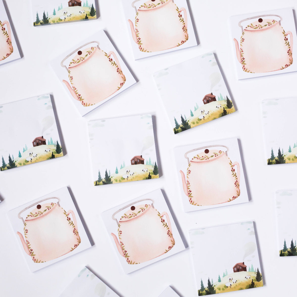 Set of sticky notes with illustrations of a tea pot and nature scenes on a white background