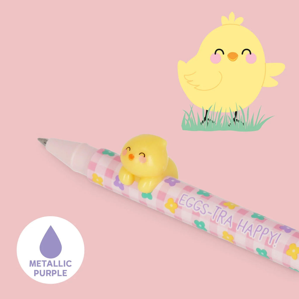Pen with chick design and 'EGGS-tra Happy!' text on a pink background