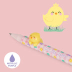 Pen with chick design and 'EGGS-tra Happy!' text on a pink background