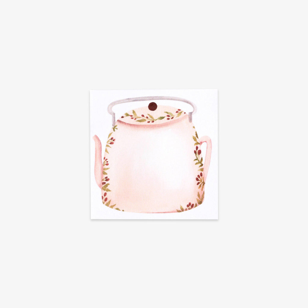 Decorative sticky note with a teapot with floral design on a white background