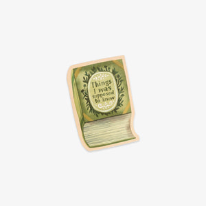 Book-shaped vinyl sticker with 'Things I was supposed to know' text on a white background