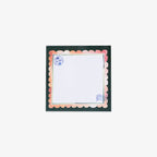 Sticky notes with decorative border and stamps on a white background