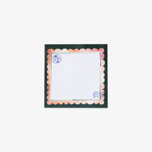 Sticky notes with decorative border and stamps on a white background