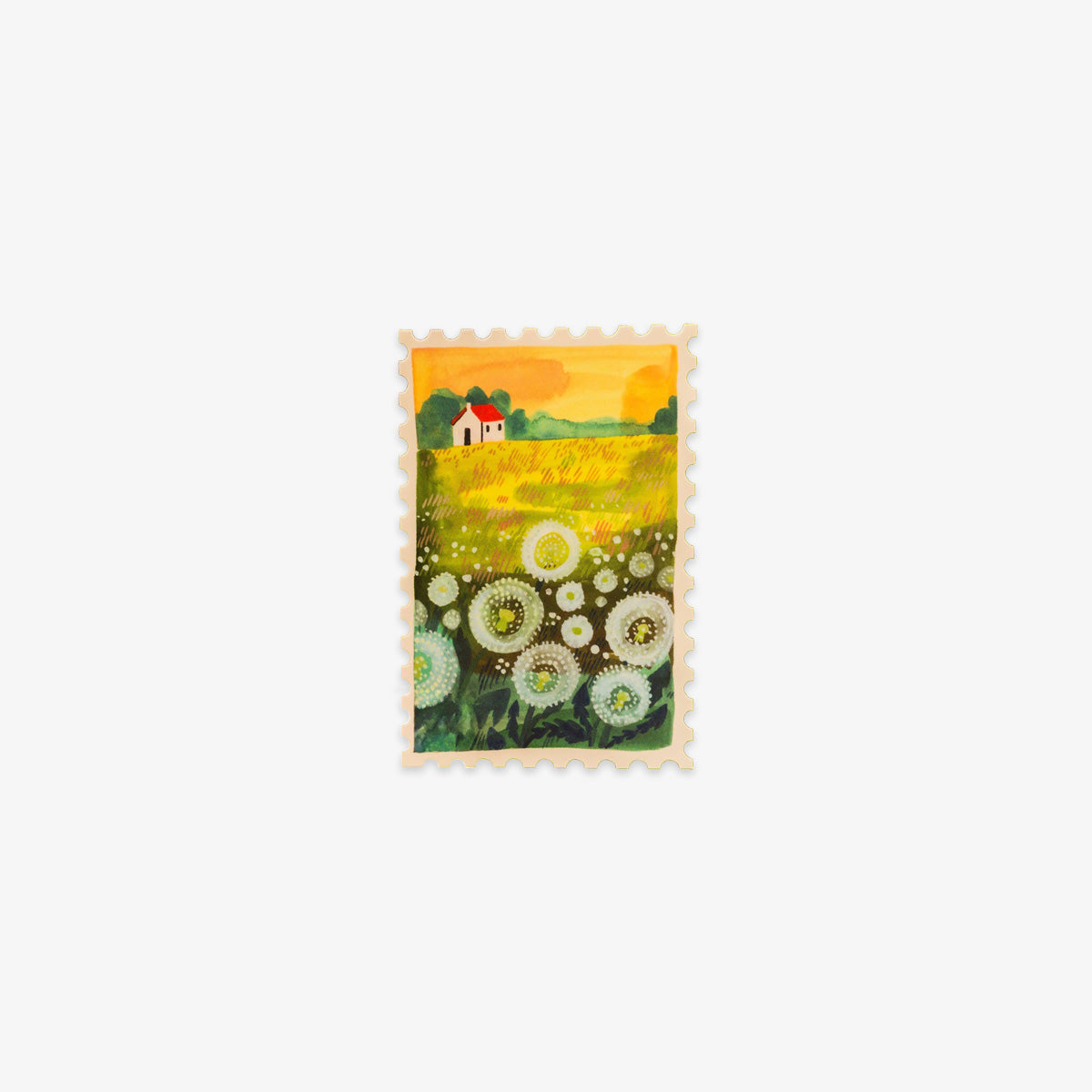 A postage stamp-style vinyl sticker featuring a stylized landscape with a small red-roofed house, yellow and green fields, and white flower-like circles, centered on a light gray background.