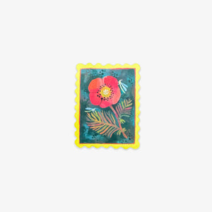 A rectangular postage stamp-style art print with a scalloped yellow border, featuring a red flower and green leaves on a textured teal background, centered on a light gray backdrop.