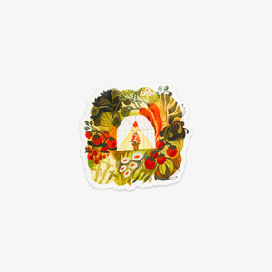 A die-cut sticker featuring a whimsical illustration of a greenhouse surrounded by autumn foliage, red berries, and wildflowers on a light gray background.