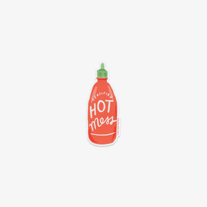 Vinyl Sticker of Red hot sauce bottle with green cap labeled 'Certified Hot Mess' on a white background