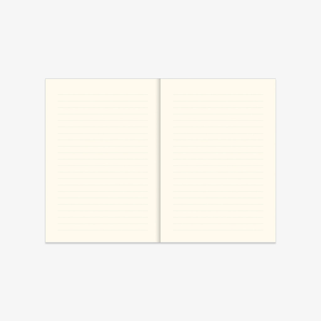 Two cream-colored sheets of paper on a white background. Open notebook with lines.