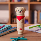 Dog-shaped pen case with 'Our-Ever Friends' text on a desk with stationery items.