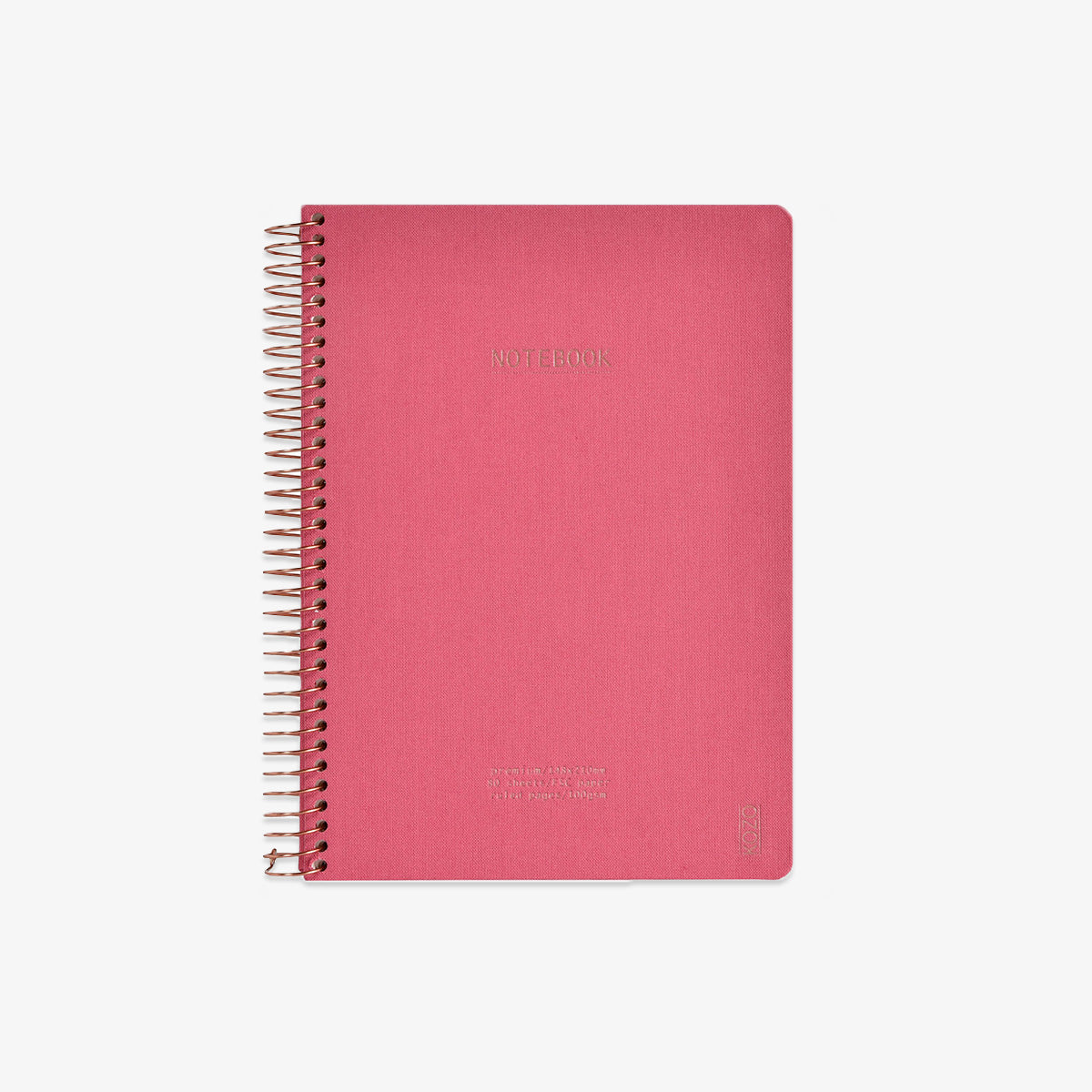 Pink notebook with spiral binding on a white background