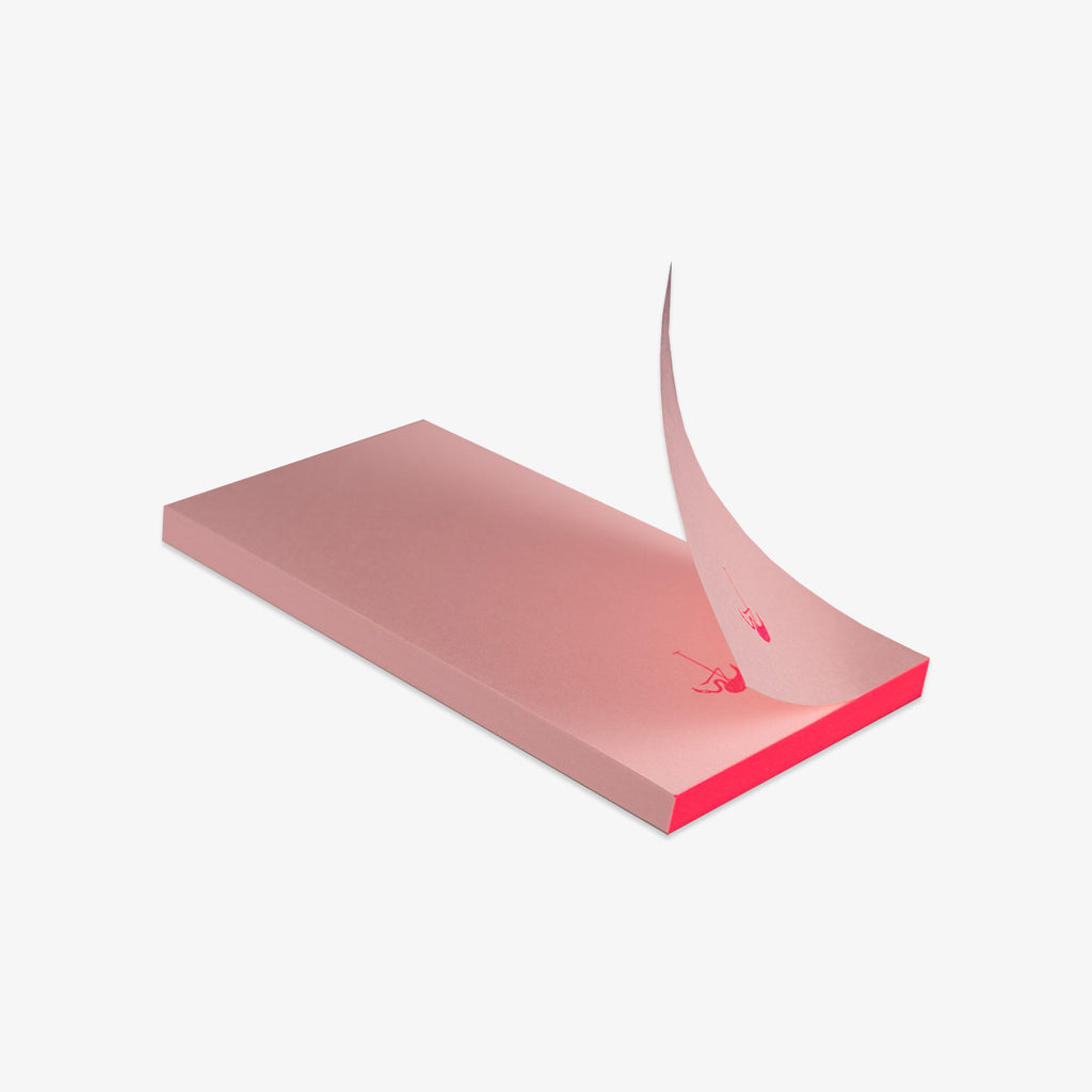Rectangular pink product with a red accent on a white background