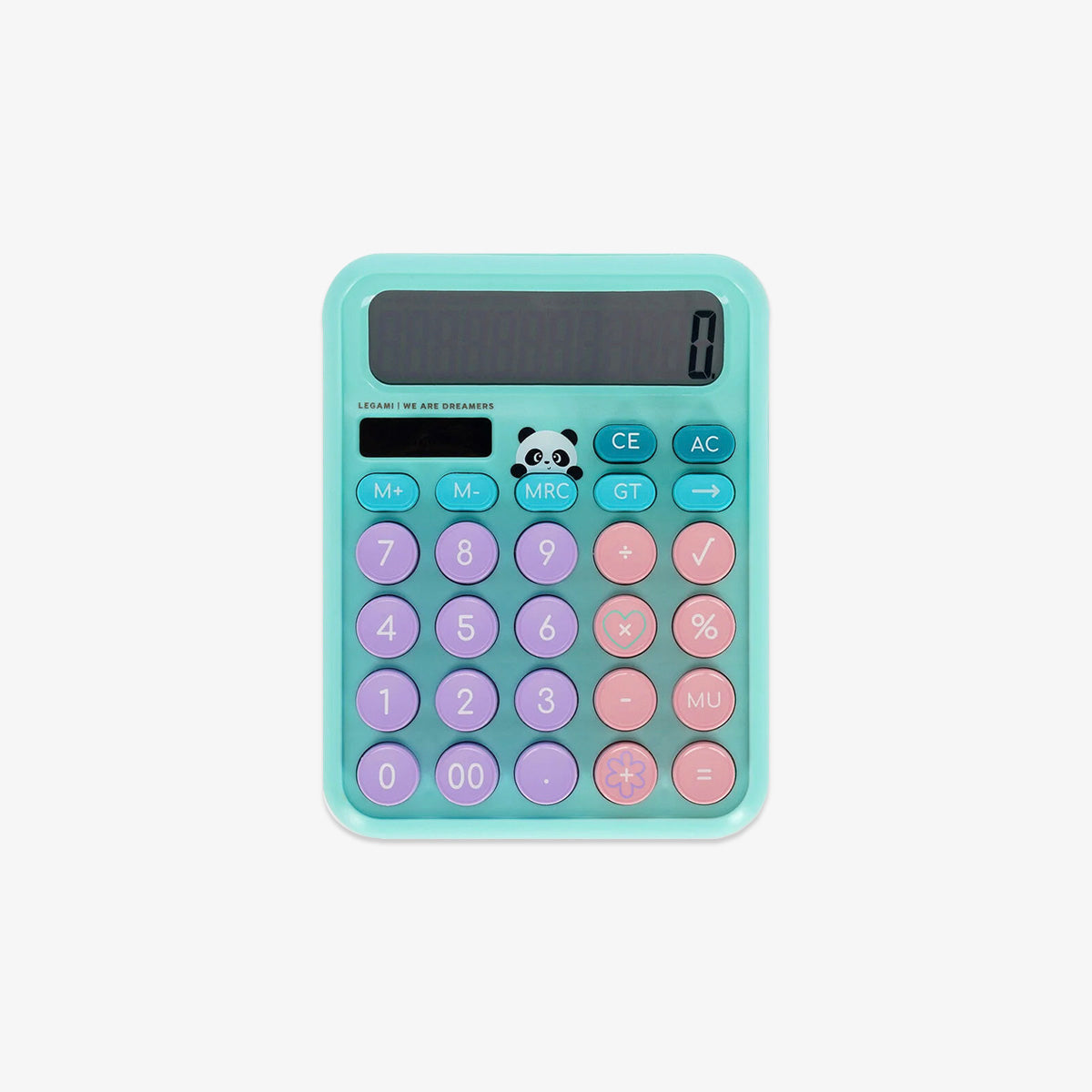 Pastel-colored calculator with panda design on a white background