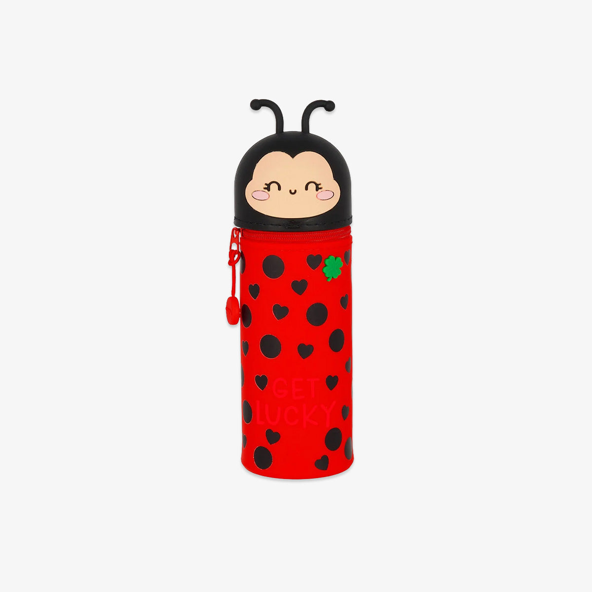 Red pencil case with black ladybug pattern