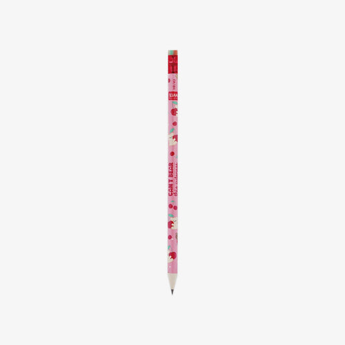 A pink wooden pencil with bears and cherries illustrations and 'Can't bear this cuteness' printed on the barrel, centered against a plain light gray background.