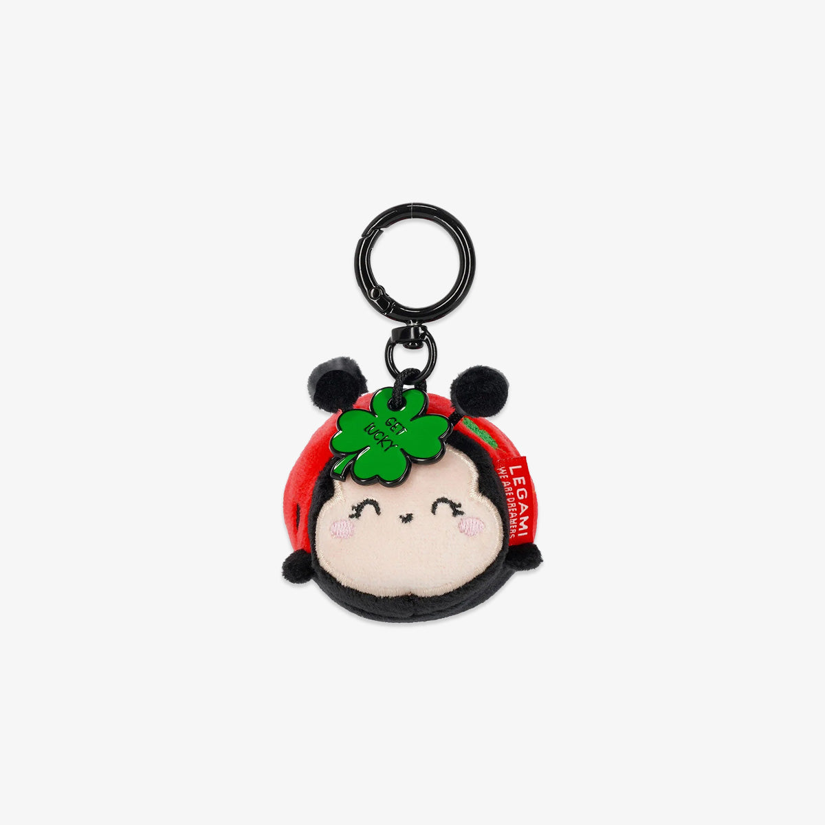 Plush keychain with a ladybug shape and with a green leaf 