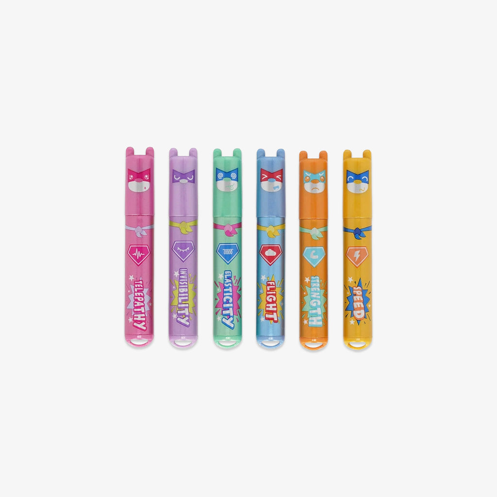 Set of five colorful superhero-themed markers on a white background