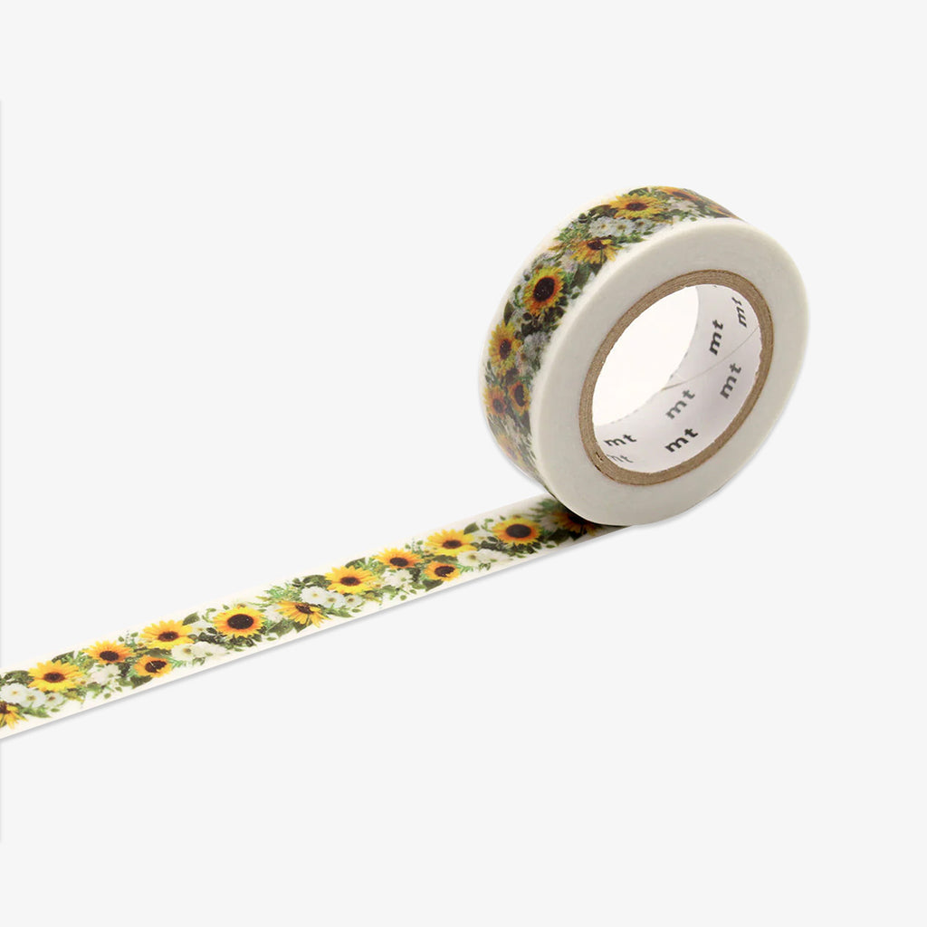 Roll of decorative tape with sunflower pattern on a white background