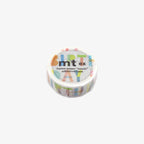 Colorful washi tape with 'mt' branding on a white background. Happy Birthday