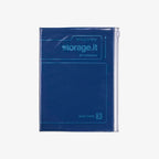 Blue A5 notebook in packaging with 'temporary storage.it' text on a white background