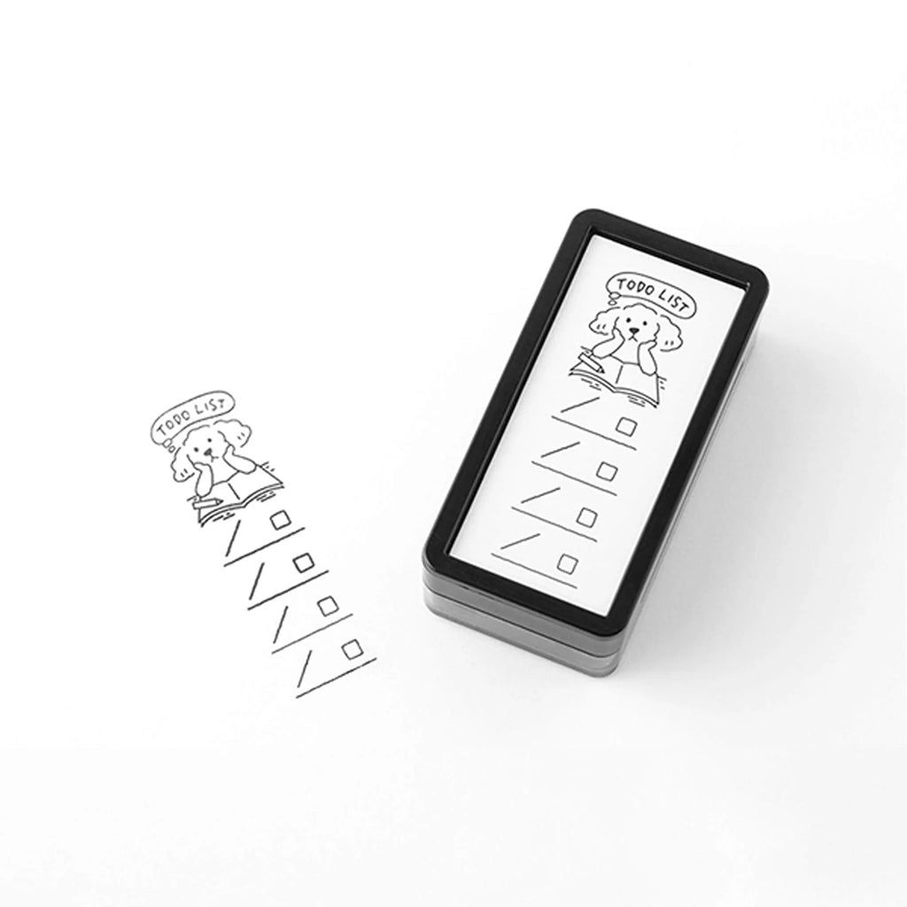 Rectangular stamp with a dog and checkmark design 
