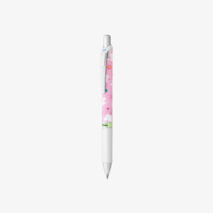 White pen with a pink floral moomin design on a white background