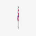 White pen with a colorful moomin design on the clip against a white background
