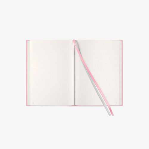 Open notebook with a pink and grey ribbon