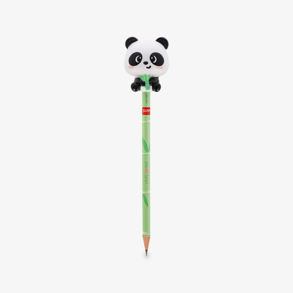 A green pencil with a cute squishy panda bear on top of the pencil holding bamboo, shown against a plain light gray background.