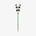 A green pencil with a cute squishy panda bear on top of the pencil holding bamboo, shown against a plain light gray background.