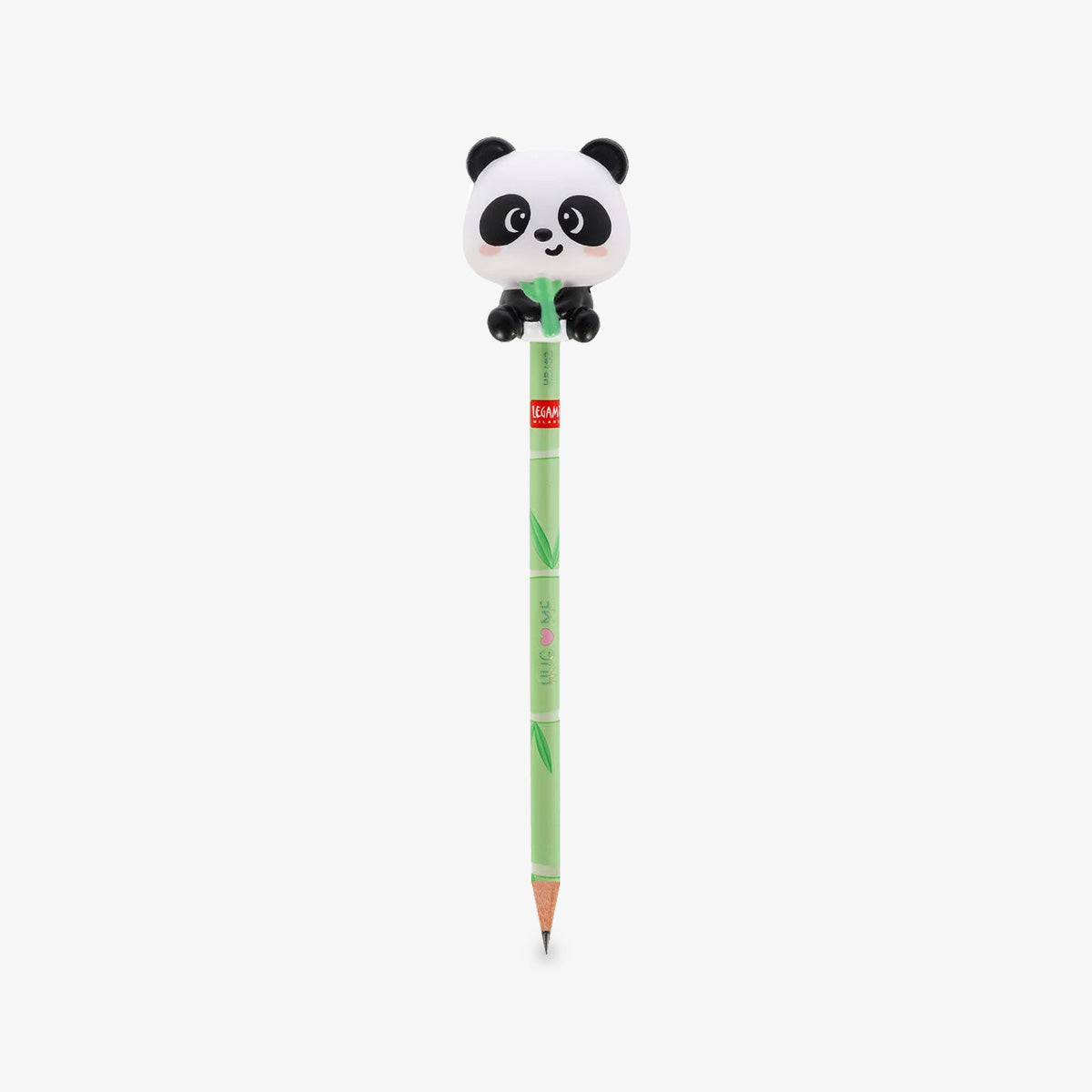 A green pencil with a cute squishy panda bear on top of the pencil holding bamboo, shown against a plain light gray background.