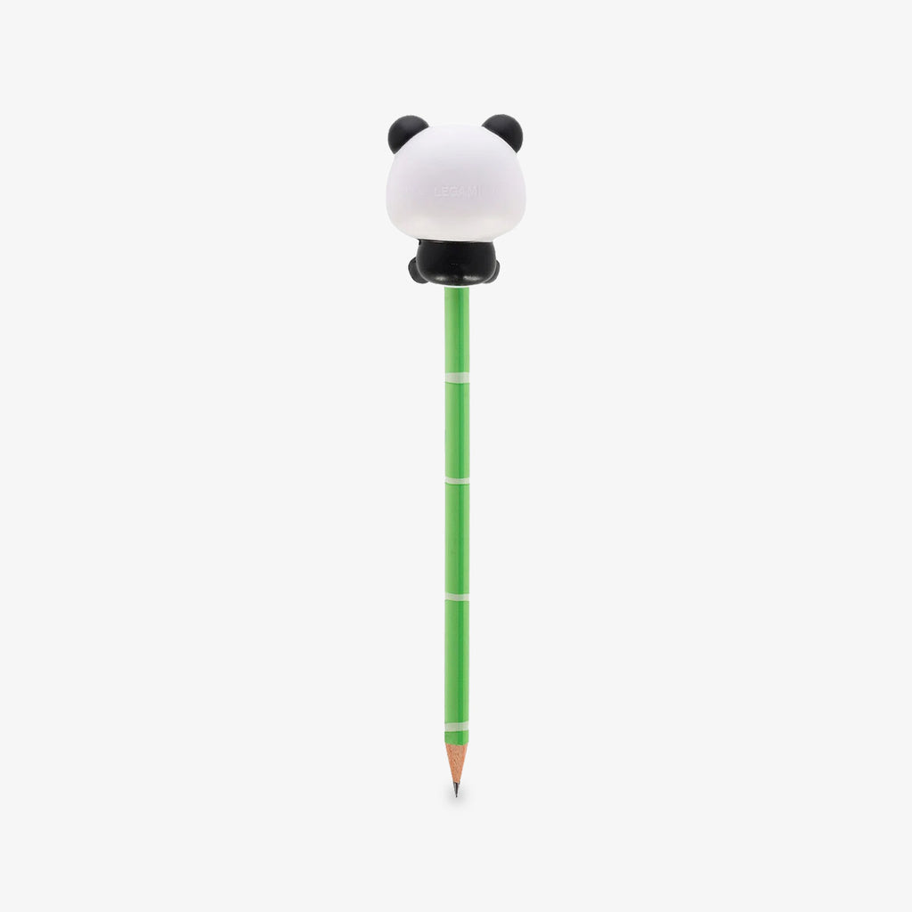 A green pencil with a cute squishy panda bear on top of the pencil from the back, shown against a plain light gray background.