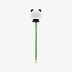 A green pencil with a cute squishy panda bear on top of the pencil from the back, shown against a plain light gray background.