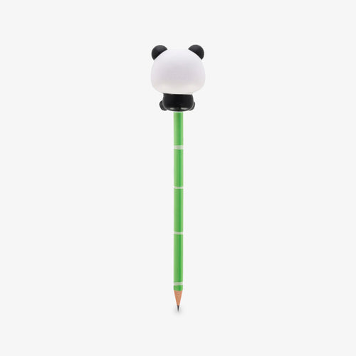 A green pencil with a cute squishy panda bear on top of the pencil from the back, shown against a plain light gray background.
