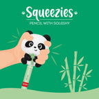 Panda-shaped pencil with squishy feature held by a hand on a green background with 'Squeezies' branding.